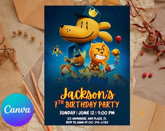 Bearbeitbare Hund Mann Geburtstagseinladung Vorlage | DogMan Kindergeburtstag Film einladen | Hund Mann Party einladen | Canva Vorlage | Sofort Download