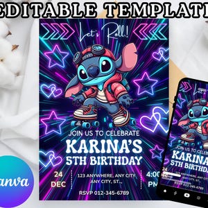 May include: An editable digital birthday invitation template featuring a blue alien character on roller skates against a dark background with neon pink and blue stars, hearts, and light streaks. Text includes Let's Roll, Karina's 5th Birthday, and RSVP details.