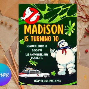May include: A birthday party invitation with a green background and the text "MADISON IS TURNING 10". The invitation features the Stay Puft Marshmallow Man, a Ghostbusters logo, and a Ghostbusters car. The date, time, and location are also included.