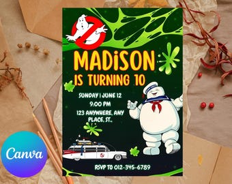 Editable Ghostbusters Birthday Invitation | Printable Ghostbusters Party Invitations, Kids Party Template, Invite in Canva, Instant Download