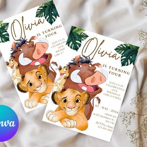 May include: Two invitations featuring illustrations of characters from The Lion King. The invitations have the name "Olivia" in gold script, with text indicating a fourth birthday celebration. Green tropical leaves and the Canva logo are also visible.