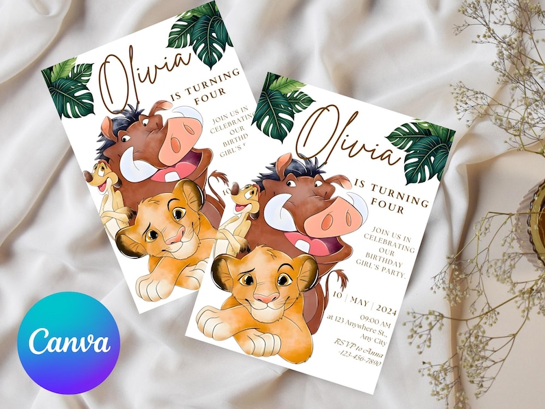 May include: Two invitations featuring illustrations of characters from The Lion King. The invitations have the name "Olivia" in gold script, with text indicating a fourth birthday celebration. Green tropical leaves and the Canva logo are also visible.