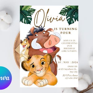 May include: A birthday invitation featuring illustrations of characters from The Lion King. The invitation includes the name "Olivia", the words "is turning four", and event details. Green tropical leaves and cotton accents frame the design.