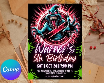 May include: A black birthday invitation with a neon green and red color scheme. The invitation features a cartoon ghost with the text "Warner's 5th Birthday" and event details. The Canva logo is in the bottom left corner.