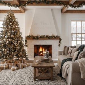 May include: A cozy living room scene with a decorated Christmas tree, a lit fireplace, and a neutral-toned sofa. The room is adorned with festive garlands and lights, creating a warm, inviting atmosphere. A wooden coffee table sits in front of the fireplace.