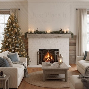 May include: A cozy living room scene with a decorated Christmas tree, a fireplace with a lit fire, and a neutral-toned sofa. The room is decorated with candles, greenery, and a wooden coffee table, creating a warm and inviting atmosphere.