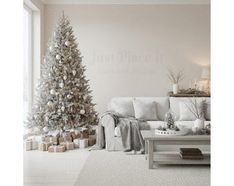 May include: A decorated Christmas tree with white ornaments and lights stands next to a white sofa with pillows and a gray blanket. A wooden coffee table holds decorative items. Presents are under the tree.