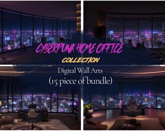以下が含まれることがあります： デジタルウォールアートプリントのコレクションを示す複合画像。画像は、ネオンライトで照らされた夜のパノラマの街並みを持つ未来的なホームオフィスインテリアを描いています。「Cyberpunk Home Office Collection」と「Digital Wall Arts（15 piece of bundle）」と書かれたテキスト。