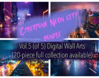 Cyberpunk Neon Metropolis Backdrop Bundle Vol.5 – 4 Digital Wall Arts (Part of 20-Print Collection)
