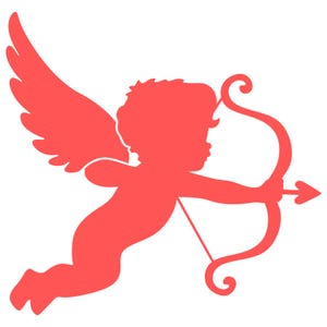 Peut inclure: Silhouette rouge de Cupidon, une figure chérubique avec des ailes, visant avec un arc et une flèche. L'image est une illustration graphique simple, idéale pour la Saint-Valentin ou les thèmes romantiques. Le design est sur fond blanc.
