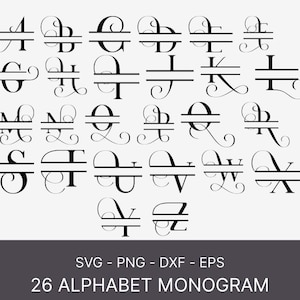 May include: A collection of 26 black alphabet monograms in a decorative, split-letter style. Each letter is elegantly designed with a horizontal line and flourishes. The image includes the text "SVG - PNG - DXF - EPS" and "26 ALPHABET MONOGRAM".