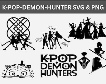 Kpop Demon Hunter SVG PNGバンドル、アニメガールズグループのシルエット、ちびマスコットカットファイルデジタルダウンロード