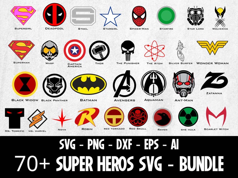 K&ouml;nnte beinhalten: Eine Sammlung von Superhelden-Logos, darunter Supergirl, Deadpool und Batman, in verschiedenen Farben und Designs. Das Bild enth&auml;lt auch den Text "SVG - PNG - DXF - EPS - AI" und "70+ SUPER HEROS SVG - BUNDLE".