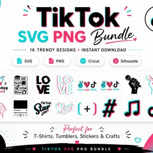 Puede incluir: Un paquete digital con 16 diseños de TikTok en formatos SVG y PNG. Los diseños incluyen notas musicales, corazones y elementos de texto como "Love", "Star" y "Peace". Perfecto para camisetas, vasos, pegatinas y manualidades.