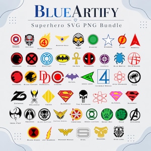 Puede incluir: Una colección digital titulada BLUEARTIFY Superhero SVG PNG Bundle que presenta una cuadrícula de logotipos coloridos de superhéroes y personajes de cómics. Los iconos incluyen símbolos de Captain America, Batman, Superman, Thor, Hulk.