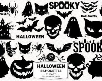 ハロウィンのシルエットクリップアートバンドル、不気味なカボチャ、幽霊、コウモリ、頭蓋骨のデザイン（PNG、SVG、JPG形式）