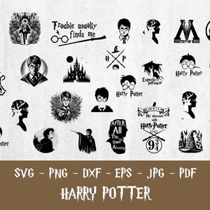 May include: A collection of black and white Harry Potter-themed graphics, including quotes, character silhouettes, and iconic symbols. The image also includes file type formats: SVG, PNG, DXF, EPS, JPG, and PDF.