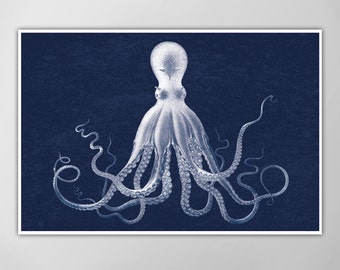 Pulpo de Lord Bodner - Póster de pulpo gigante - Impresión de arte náutico - Azul marino - Tamaños extra grandes disponibles