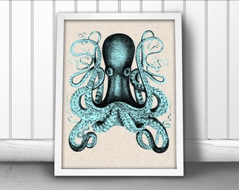 Octopus Poster - Nautical Art Print - Beach House Style - X-Large Sizes Available