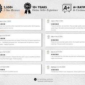 May include: A collage of customer reviews for an Etsy shop called "The National Anthem". The reviews are all positive and highlight the shop's high quality products, fast shipping, and excellent customer service. The shop has a 5-star rating and over 1,350 reviews.