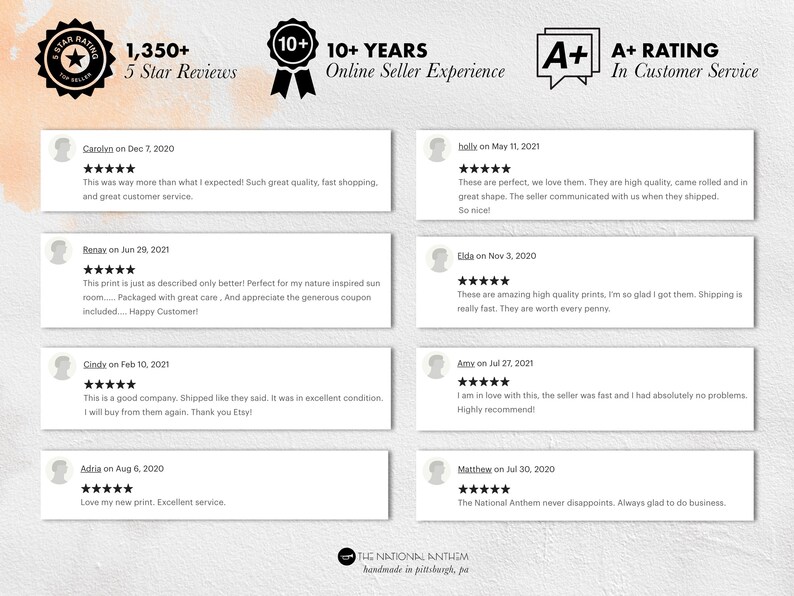 May include: A collage of customer reviews for an Etsy shop called "The National Anthem". The reviews are all positive and highlight the shop's high quality products, fast shipping, and excellent customer service. The shop has a 5-star rating and over 1,350 reviews.