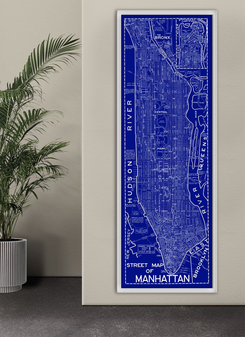 Manhattan Street Map Art Print 1945 Vintage Map Reprint New York City Blueprint Map Poster X-Large Sizes Available Industrial Blueprint