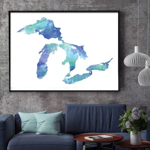Impression de carte aquarelle des Grands Lacs - carte de voyage - jet d'encre ou toile - sans cadre - très grand format disponible