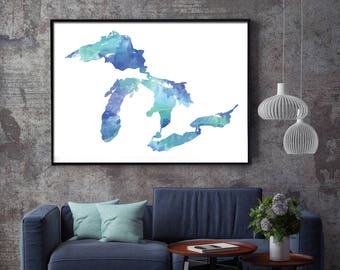 Great Lakes Watercolor Map Print - Travel Map - Giclee or Canvas - Unframed - X-Large Sizes Available