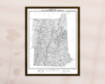 Vermont and New Hampshire State Map Print - Vintage Map Reprint - Blueprint Poster - X-Large Sizes Available and Four Color Styles