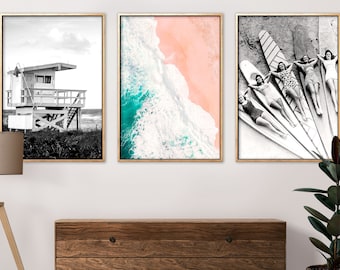 Beach Print Set - Summer Decor - Vintage Surf Reprint - Waves - Lifeguard Tower - Coastal Art - Tropical Posters - 3 Pieces Included