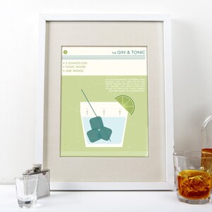 May include: A framed illustration of a Gin & Tonic cocktail recipe with a green background. The illustration shows a glass with ice cubes, a lime wedge, and a straw. The recipe lists the ingredients: 3 ounces gin, tonic water, and a lime wedge.