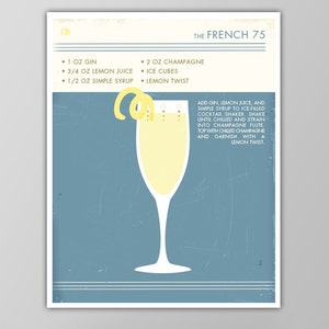 Póster de cóctel francés 75 - Decoración de comida y bebida retro - Diseño moderno de mediados de siglo - Arte de cóctel clásico - Arte de pared de bar - ¡Giclée o lienzo!