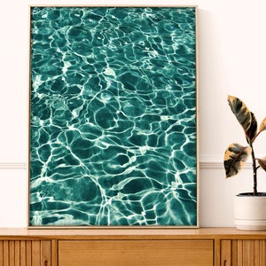 May include: A framed print of a close-up of rippling water in a teal blue color.