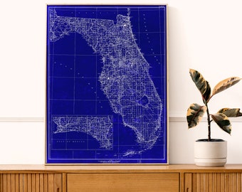 Florida Map Print - Vintage Map Reprint - Blueprint State Poster - X-Large Sizes Available and Four Color Styles