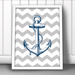 Nautical Anchor Art Print - Chevron Pattern - Ship Anchor Poster - Choose Your Own Colors!
