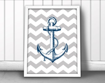 Nautical Anchor Art Print - Chevron Pattern - Ship Anchor Poster - Choose Your Own Colors!