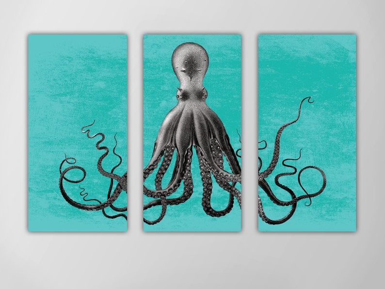 Octopus Triptych - Nautical Art Print - Lord Bodner's Octopus - Teal and Black - Giclee or Canvas - Custom Color shops Option Available