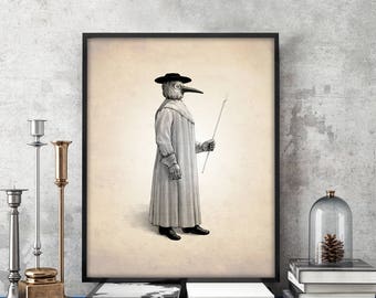 Plague Doctor Art Print - Scientific History Art - Medical Drawing - Black Death Print - Bubonic Plague Poster - Human Anatomy Wall Art