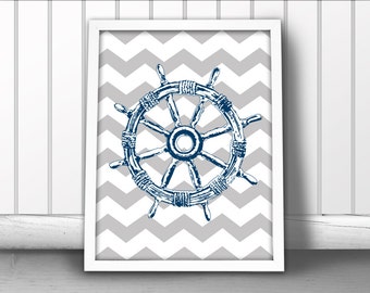 Ship Wheel Print - Chevron Nautical Art - Ship's Helm Poster - Coastal Decor - Nautical Nursery Wall Art - Custom Color Option!