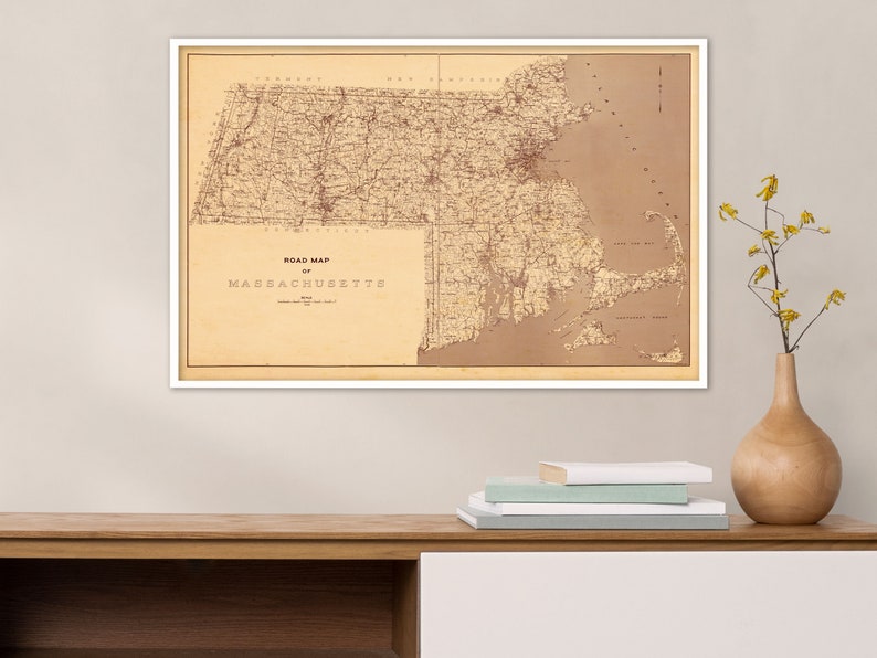 Massachusetts State Map Print Vintage Map Reprint Blueprint Poster X-Large Sizes Available and Four Color Styles Vintage Sepia