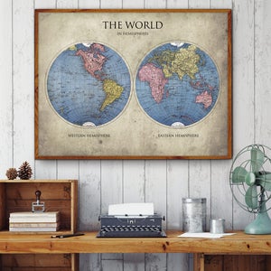 World in Hemispheres Map - World Map Poster - Vintage Globe Map Reprint - Canvas Options Available!