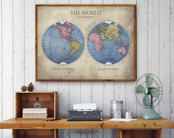 World in Hemispheres Map - World Map Poster - Vintage Globe Map Reprint - Canvas Options Available!