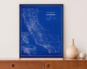 California Map Print - Vintage Map Reprint - Blueprint State Poster - X-Large Sizes Available and Four Color Styles