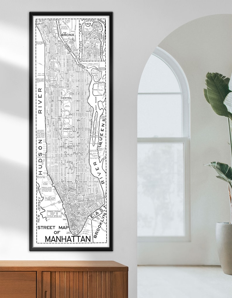 Manhattan Street Map Art Print 1945 Vintage Map Reprint New York City Blueprint Map Poster X-Large Sizes Available Traditional White