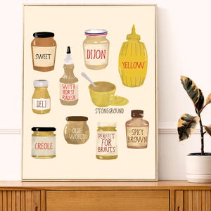 May include: A collection of mustard jars with various labels, including "Sweet", "Dijon", "Yellow", "Deli", "With Horse Radish", "Stoneground", "Olde World", "Creole", "Perfect for Brauts", and "Spicy Brown".