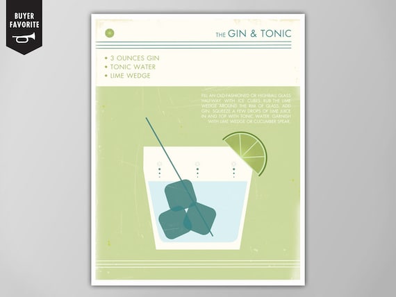 Gin and Tonic Art Print - Retro Food and Drink Poster - Vintage Style Graphic Art - Mid Century Modern Design - Cocktail Wall Art