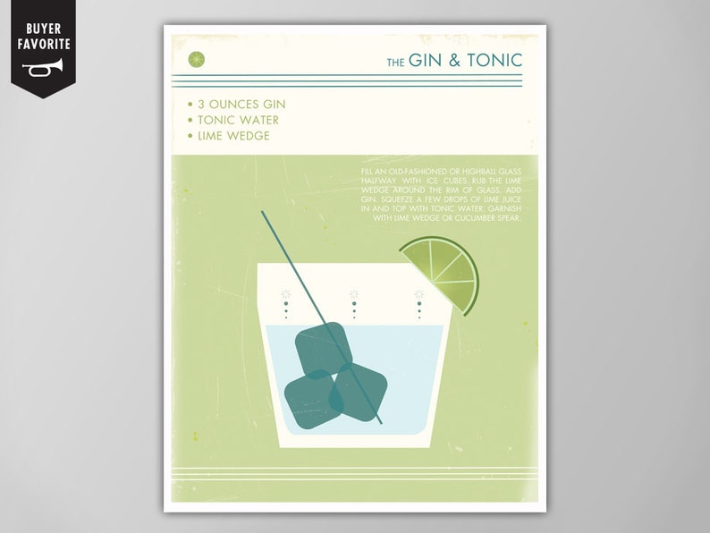 May include: A vintage-style illustration of a gin and tonic recipe. The illustration features a glass filled with ice cubes and a lime wedge. The text reads "The Gin & Tonic" and includes the ingredients: 3 ounces gin, tonic water, and a lime wedge.