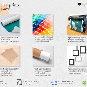 Pu&ograve; includere: Stampe gicl&eacute;e a colpo d'occhio. Un primo piano di una stampa turchese e bianca, una cartella colori con un arcobaleno di colori, una stampante di grande formato che stampa una mappa e un muro bianco con quattro cornici nere appese al soffitto. Il testo "PROUDLY made in the USA!" &egrave; nell'angolo in basso a sinistra. Il testo "WIDE ARRAY OF SIZES to choose from" &egrave; nella parte inferiore centrale. Il testo "FAST, FREE SHIPPING on all orders over $35!" &egrave; nell'angolo in basso a destra. Il testo "ECO-FRIENDLY paper & inks" &egrave; nell'angolo in basso a destra.