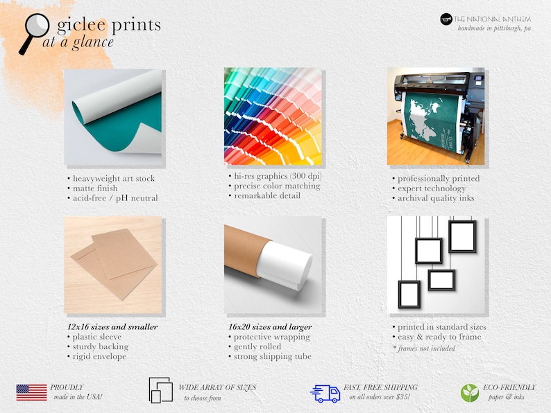 Pu&ograve; includere: Stampe gicl&eacute;e a colpo d'occhio. Un primo piano di una stampa turchese e bianca, una cartella colori con un arcobaleno di colori, una stampante di grande formato che stampa una mappa e un muro bianco con quattro cornici nere appese al soffitto. Il testo "PROUDLY made in the USA!" &egrave; nell'angolo in basso a sinistra. Il testo "WIDE ARRAY OF SIZES to choose from" &egrave; nella parte inferiore centrale. Il testo "FAST, FREE SHIPPING on all orders over $35!" &egrave; nell'angolo in basso a destra. Il testo "ECO-FRIENDLY paper & inks" &egrave; nell'angolo in basso a destra.