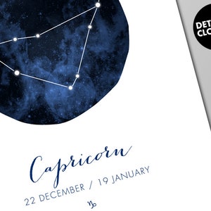 May include: A blue watercolor illustration of the Capricorn constellation with white stars against a dark blue background. The text "Capricorn" is written in cursive below the constellation. The dates "22 December / 19 January" are written below the text "Capricorn". The symbol for Capricorn is written below the dates.